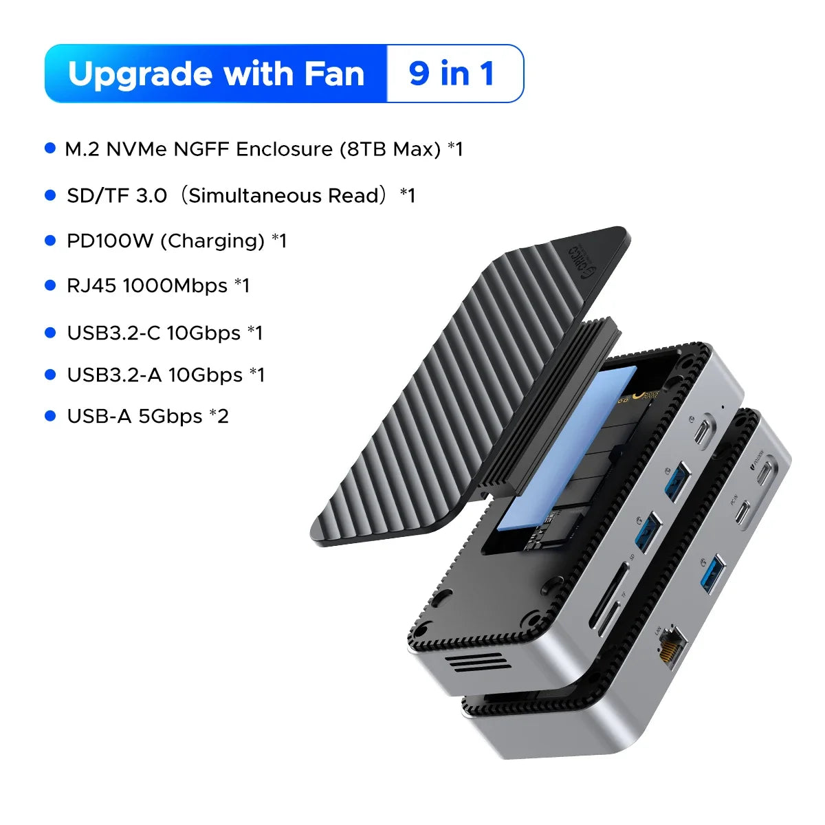 ORICO M.2 NVMe SSD Enclosure with 9-in-1 USB C HUB 10Gbps External RJ45 SD Docking Station with Cooling Fan for Laptop MacBook