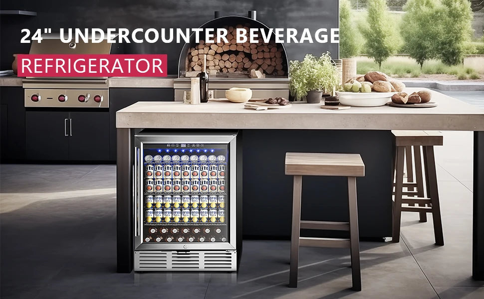 Beverage Refrigerator 24Inch 180 Can Built-in Beverage Cooler Under Counter Beer Fridge Soda Water Wine For Kitchen Bar Office