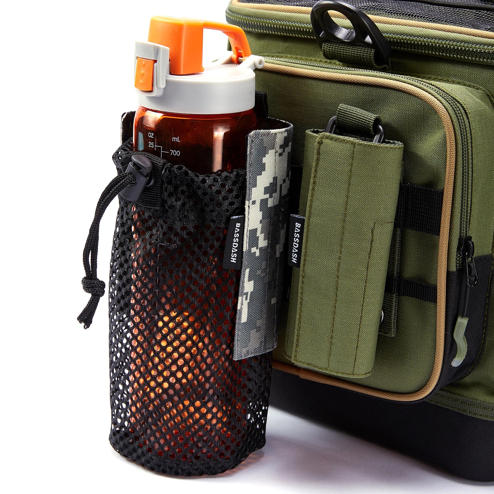 Bassdash Water Bottle Pouch with Molle Straps Belt Clip Carabiner Foldable Mesh Holder Bag for Travel Fishing Hunting Hiking