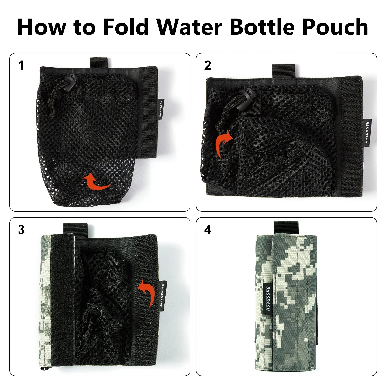 Bassdash Water Bottle Pouch with Molle Straps Belt Clip Carabiner Foldable Mesh Holder Bag for Travel Fishing Hunting Hiking