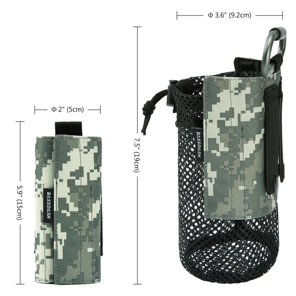 Bassdash Water Bottle Pouch with Molle Straps Belt Clip Carabiner Foldable Mesh Holder Bag for Travel Fishing Hunting Hiking