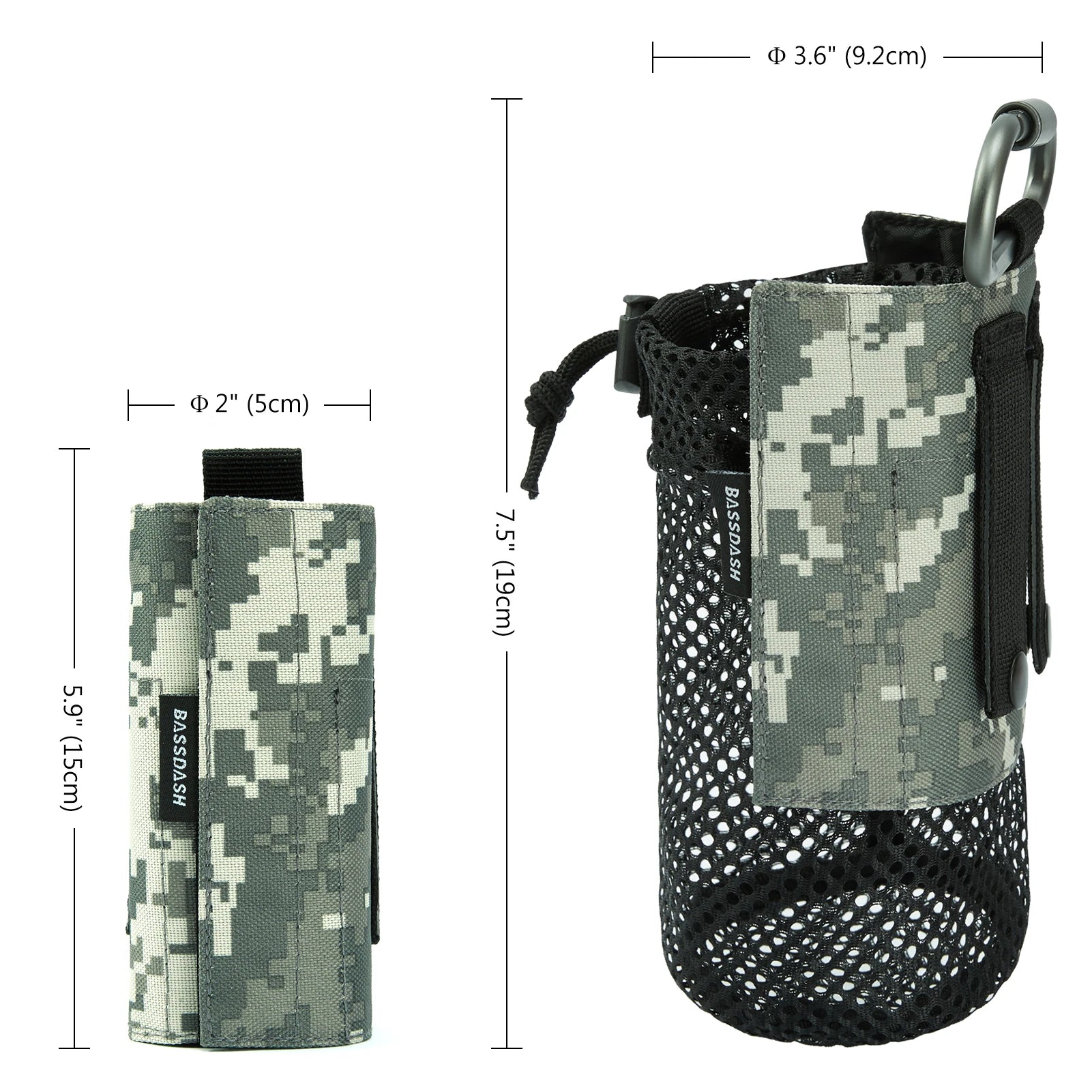 Bassdash Water Bottle Pouch with Molle Straps Belt Clip Carabiner Foldable Mesh Holder Bag for Travel Fishing Hunting Hiking