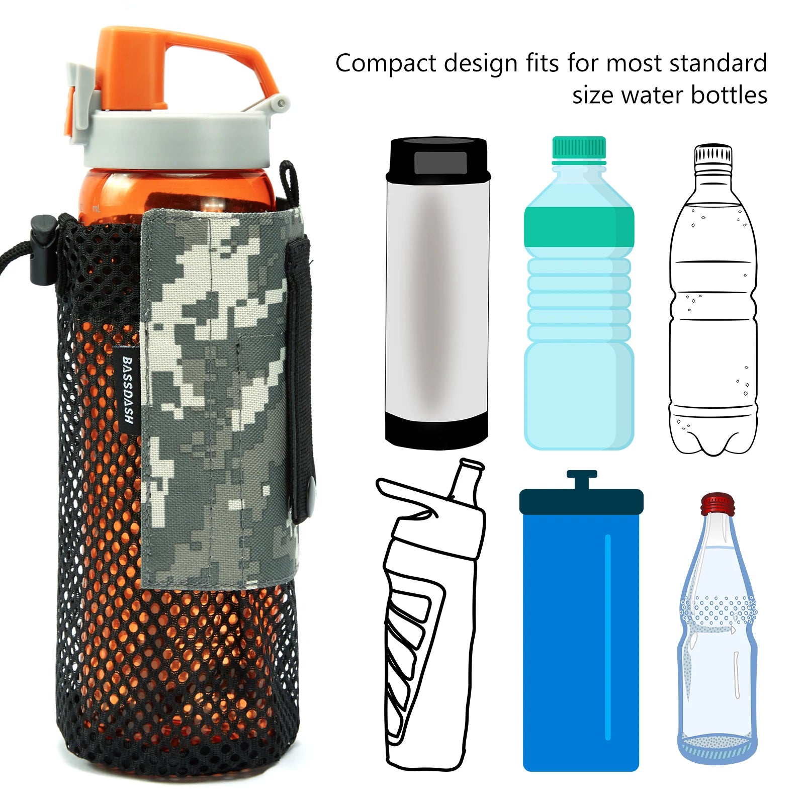 Bassdash Water Bottle Pouch with Molle Straps Belt Clip Carabiner Foldable Mesh Holder Bag for Travel Fishing Hunting Hiking