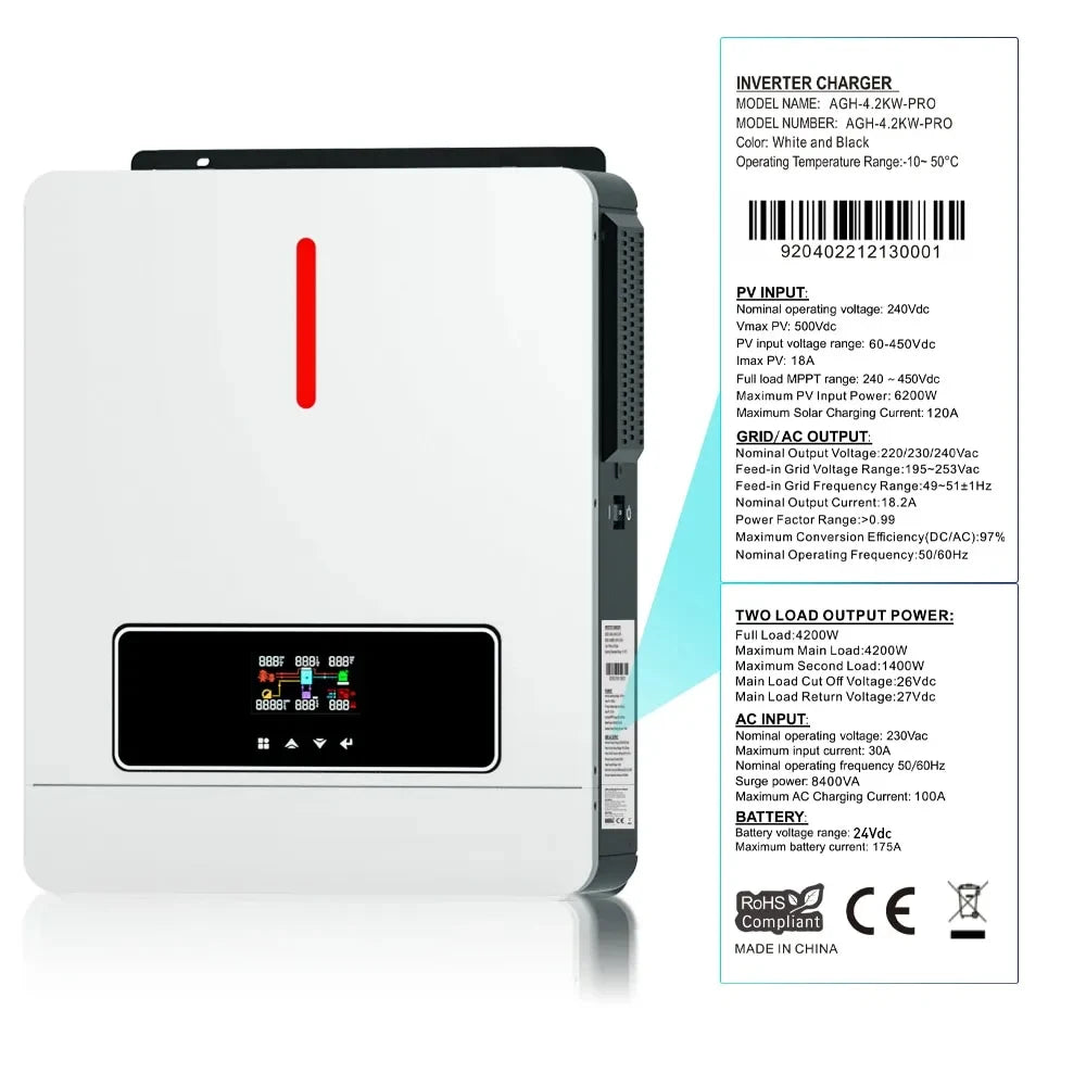Daxtromn 3.6KW 6.2KW solar inverter 24VDC 48vDC hybrid mppt 6200W pure sine wave hybrid charge controller 120A off grid On Grid