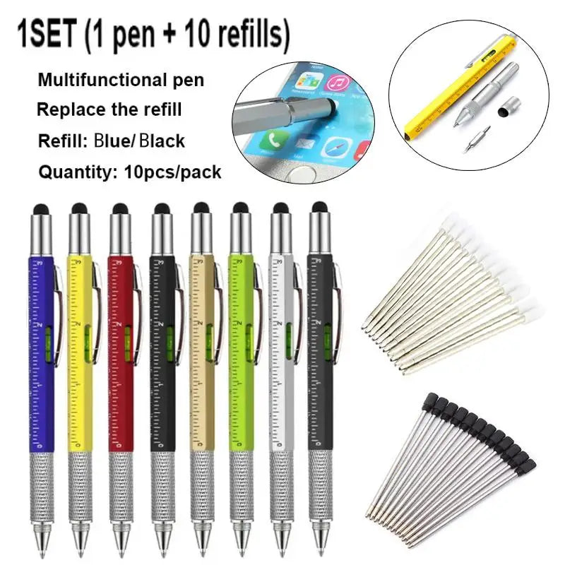 1set 7 in1 With Handheld Tool Multifunction Ballpoint Pen Measure Technical Ruler Screwdriver Touch Screen Stylus Spirit Level