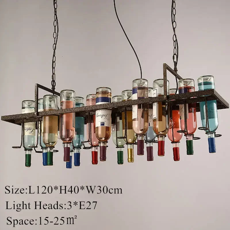 American Retro Industrial Rust Metal Colored Wine Bottle Glass Chandelier Coffee Shop Bar Restaurant LED Decorative Pendant Lamp