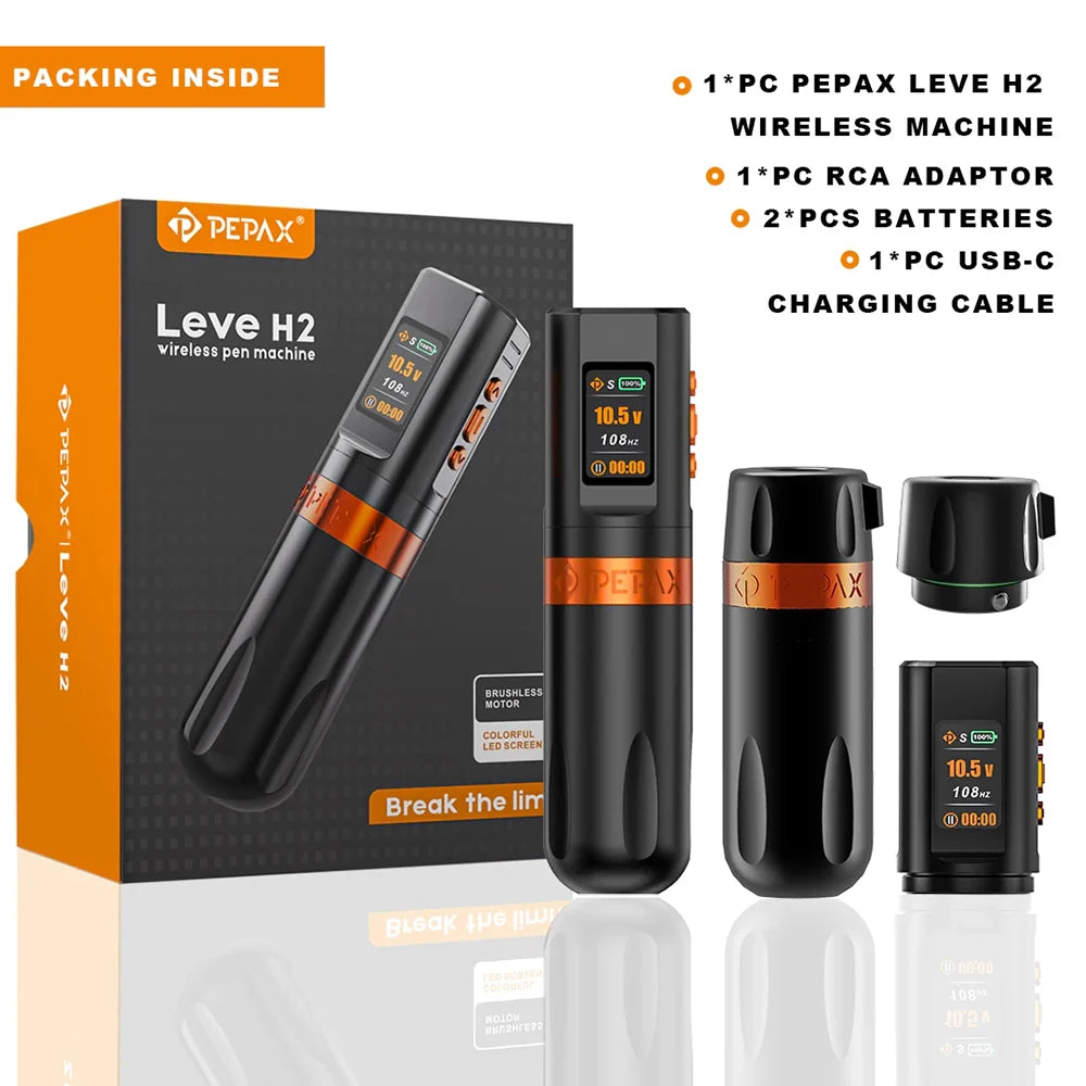 PEPAX Leve H2 Wirerless Tattoo Pen 3.5/4.2/5.0MM Stroke Pen with 2000mAh 2 Batteries Wireless Tattoo Machine Gun for Body Art
