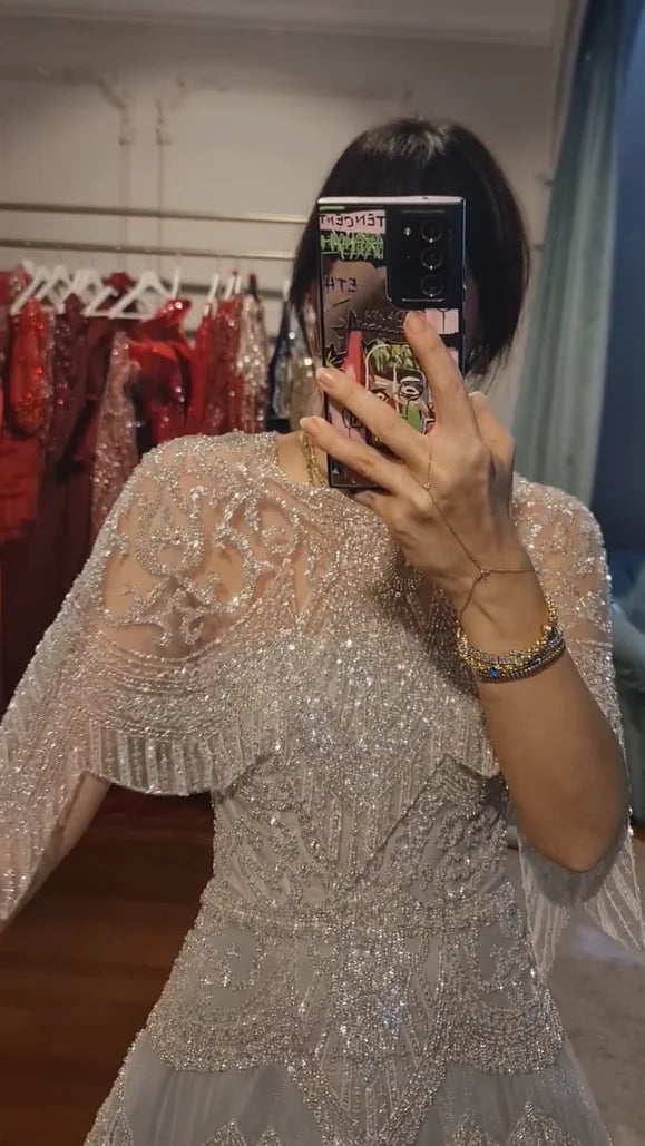 FATAPAESE Customized Evening Gown Sequins Embellished Removable Cape-neckline Beading Fully Beads Gems Short Sleeve Formal Dress