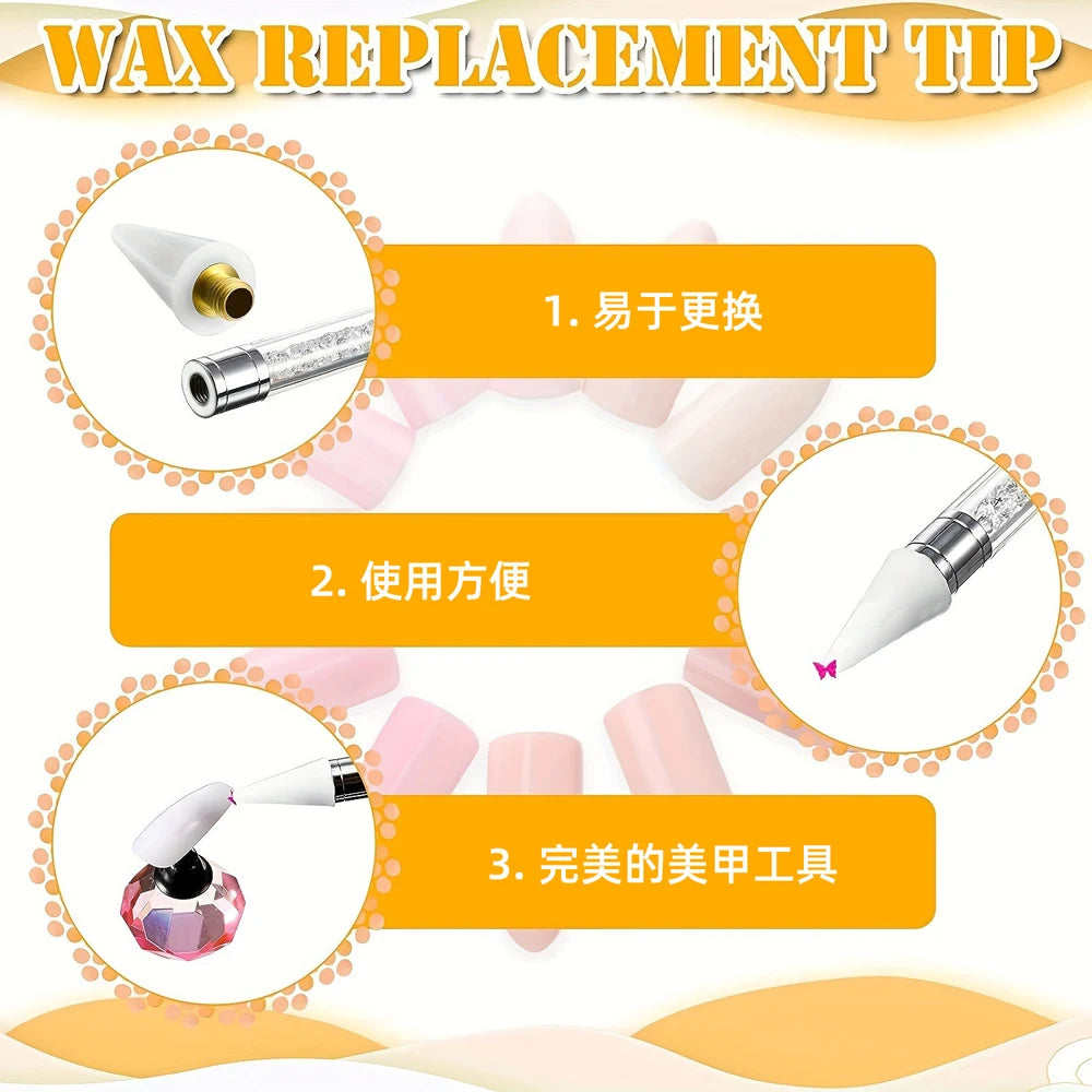 5/1pcs Replaceable Wax-Head Nail Dotting Pen Pink/White Rhinestones/Beads/Gems Picker Dotting Pen Replace Wax Head Nail Tools
