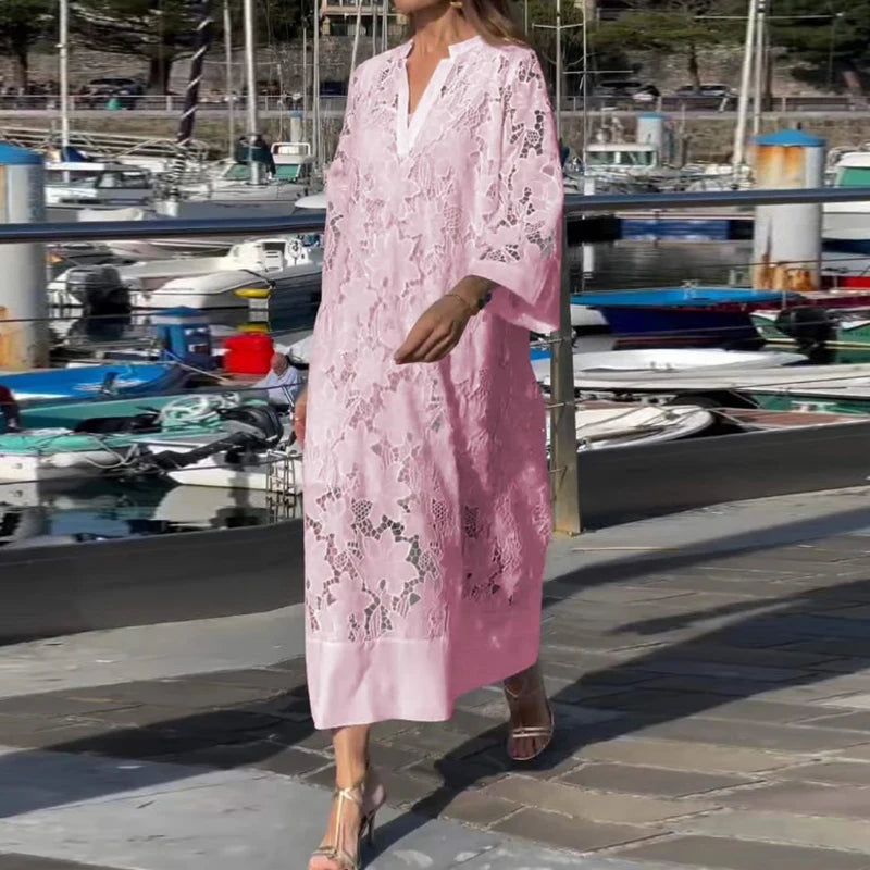 Spring Sexy V Nec Lace Embroidered Hollow Dress 2 Piece set Vintage Solid Color Casual Loose Holiday Pullover Women Long Dresses