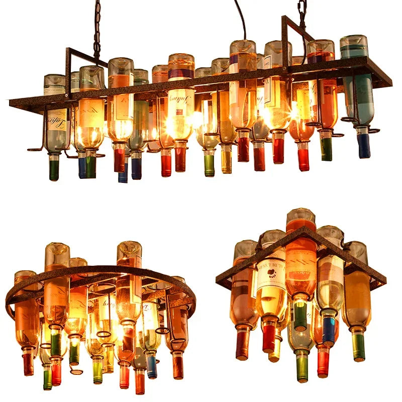 American Retro Industrial Rust Metal Colored Wine Bottle Glass Chandelier Coffee Shop Bar Restaurant LED Decorative Pendant Lamp