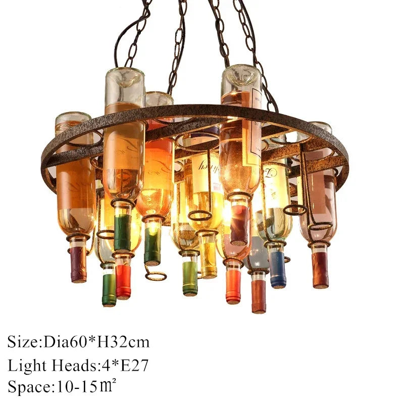 American Retro Industrial Rust Metal Colored Wine Bottle Glass Chandelier Coffee Shop Bar Restaurant LED Decorative Pendant Lamp