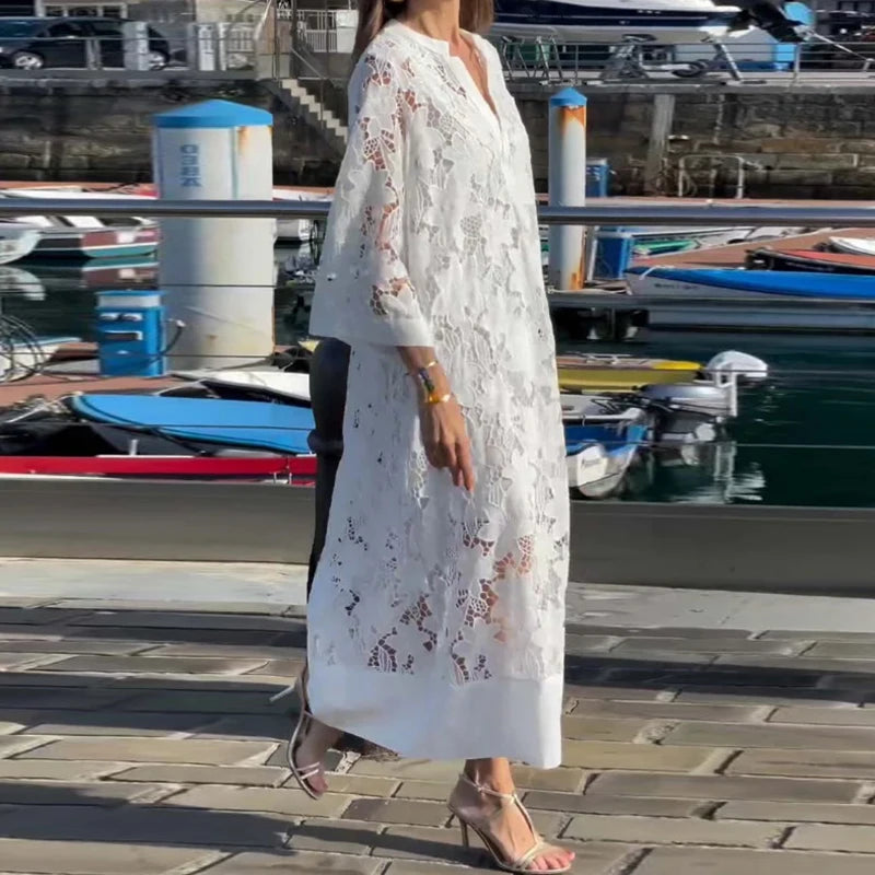 Spring Sexy V Nec Lace Embroidered Hollow Dress 2 Piece set Vintage Solid Color Casual Loose Holiday Pullover Women Long Dresses