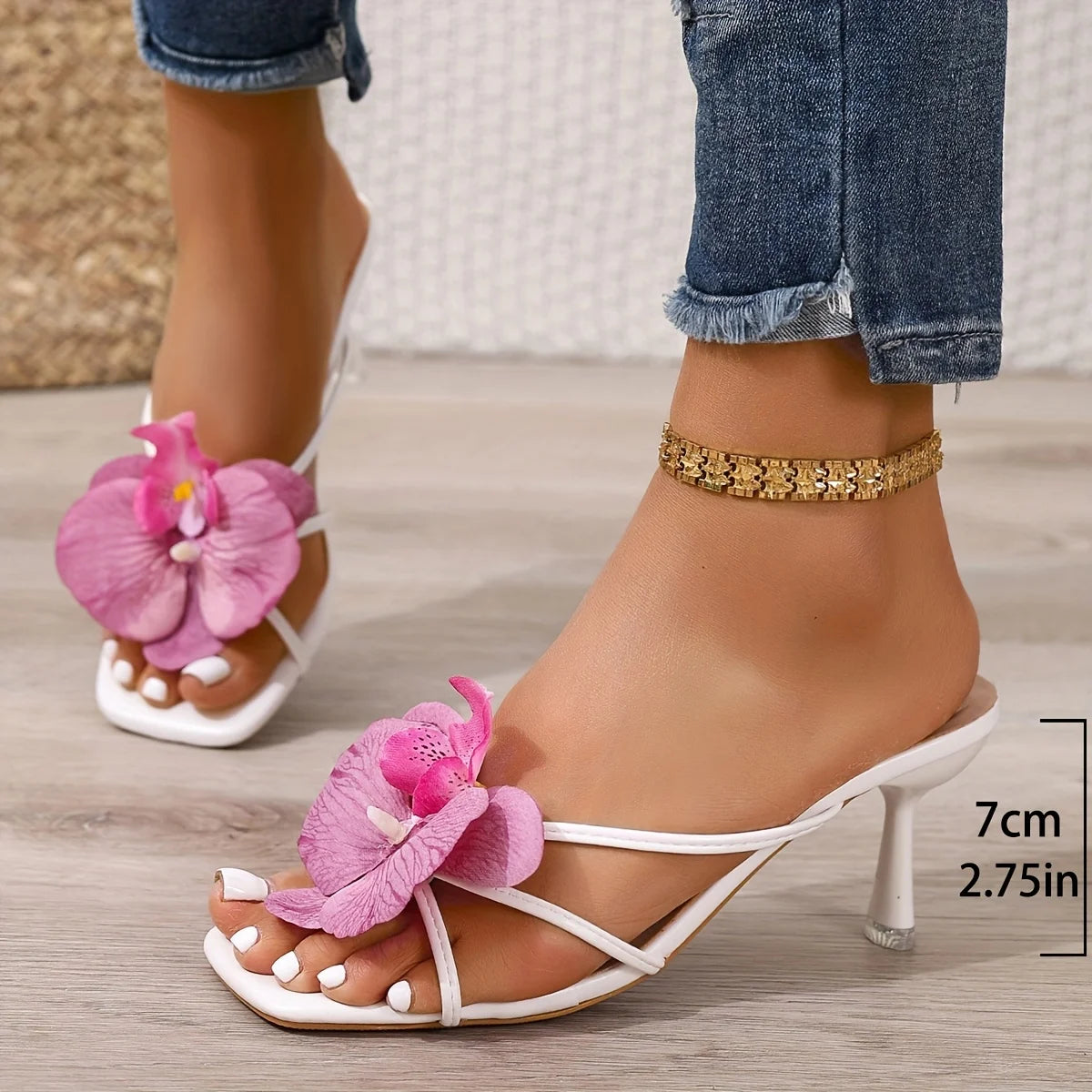 Elegant Purple White Square Toe Flower Designer Slippers Sandals Women Party Dress Shoes Thin High Heels Gladiator Sandalias