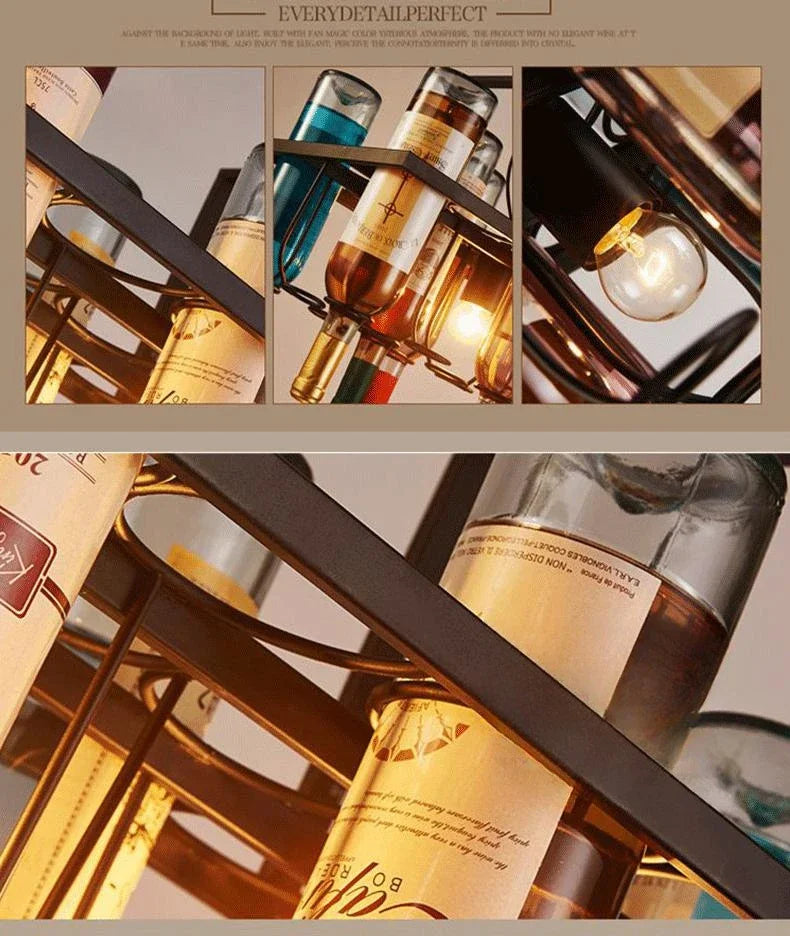 American Retro Industrial Rust Metal Colored Wine Bottle Glass Chandelier Coffee Shop Bar Restaurant LED Decorative Pendant Lamp