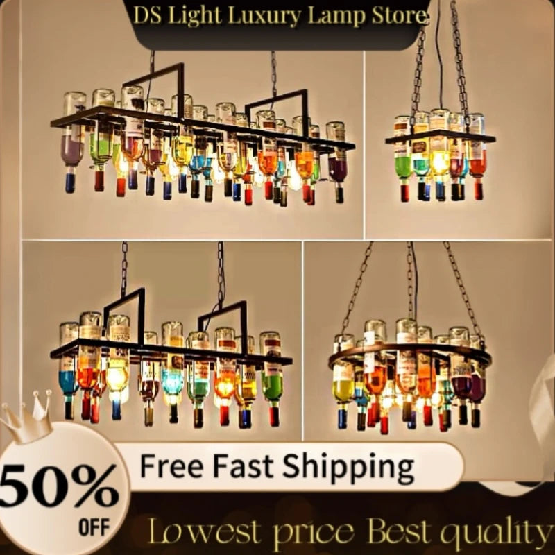 American Retro Industrial Rust Metal Colored Wine Bottle Glass Chandelier Coffee Shop Bar Restaurant LED Decorative Pendant Lamp