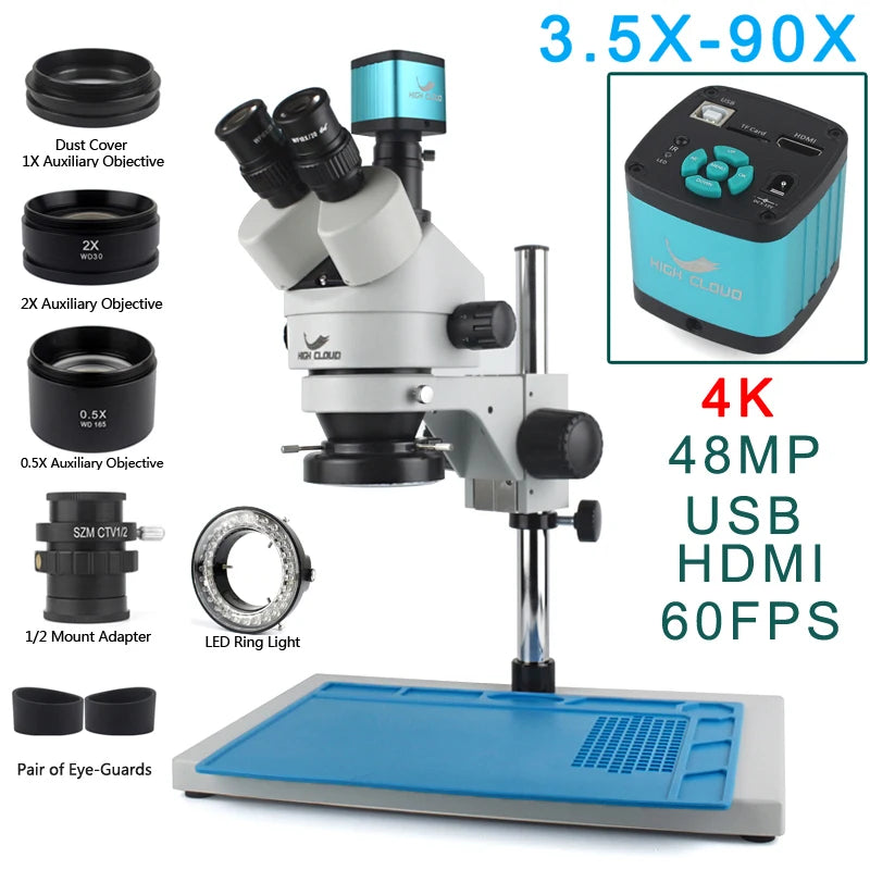 3.5X-90X Simul-Focal Stereo Trinocular Microscope 4K 2K 48MP 1080P HDMI USB Digital Video Camera For PCB Phone Soldering Repair