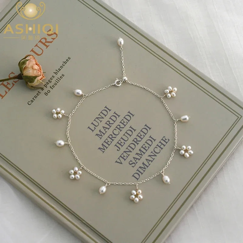ASHIIQI Natural Freshwater Pearl Anklet Genuine 925 Sterling Silver Handmade Jewelry Wedding Jewelry Lady