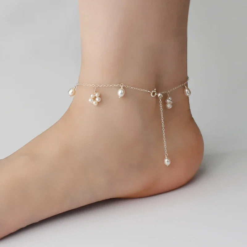 ASHIIQI Natural Freshwater Pearl Anklet Genuine 925 Sterling Silver Handmade Jewelry Wedding Jewelry Lady