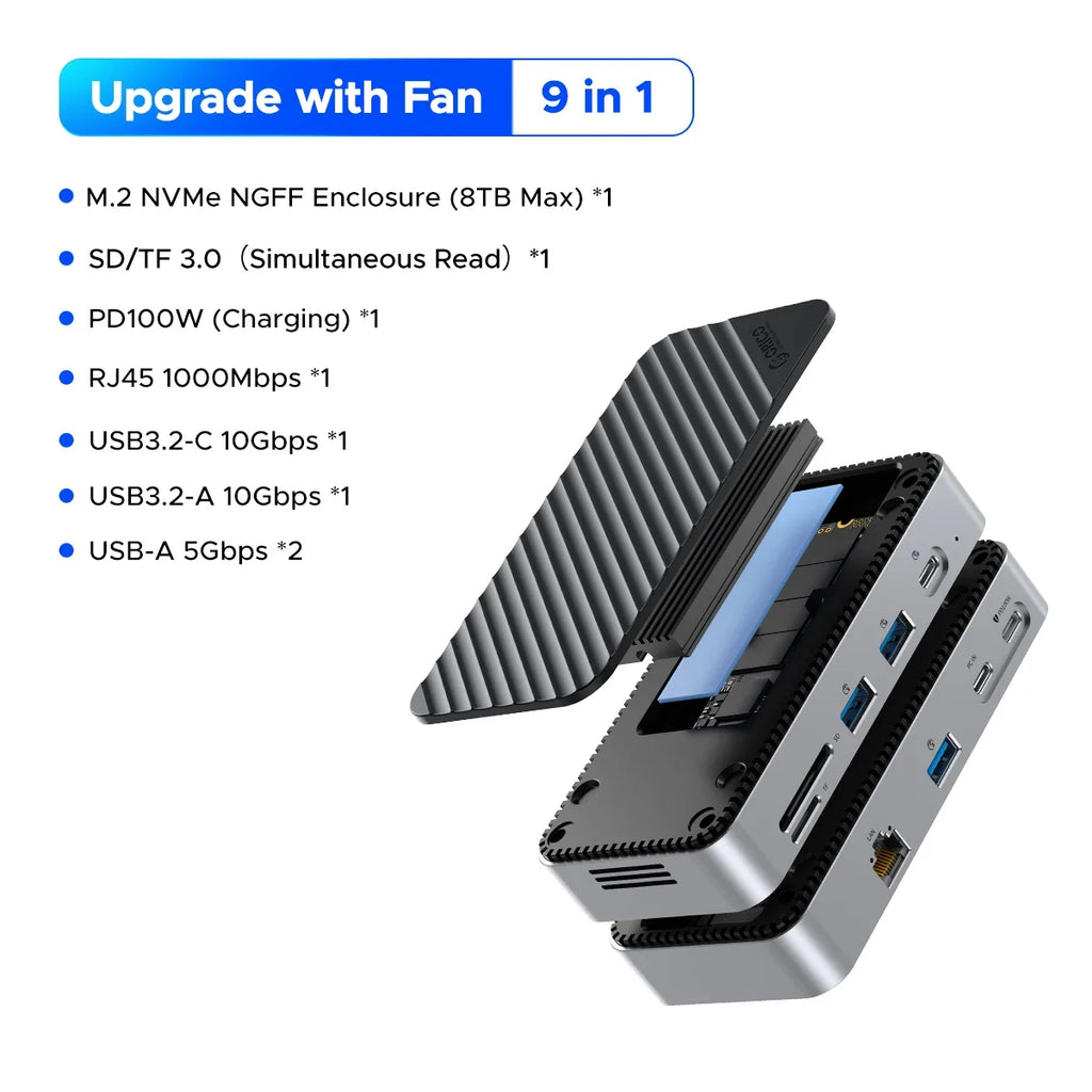 ORICO M.2 NVMe SSD Enclosure with 9-in-1 USB C HUB 10Gbps External RJ45 SD Docking Station with Cooling Fan for Laptop MacBook