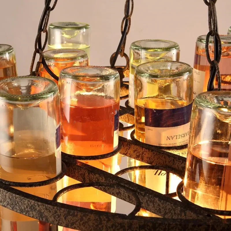 American Retro Industrial Rust Metal Colored Wine Bottle Glass Chandelier Coffee Shop Bar Restaurant LED Decorative Pendant Lamp