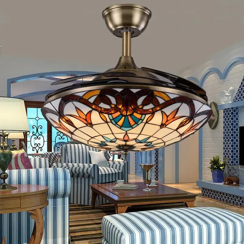 Tiff Invisible Ceiling Fan Lamp Living Room Dining Room Bedroom Lighting Mediterranean Fan Lamp Retro Ceiling Fan With Remote