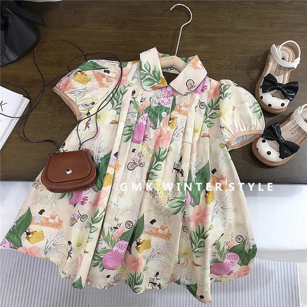 Korean Summer Toddler Girl Dress Cotton Turn Down Collar Ruched Baby Girl Dress Short Sleeve Fragmented Flower Infant Girl Dress