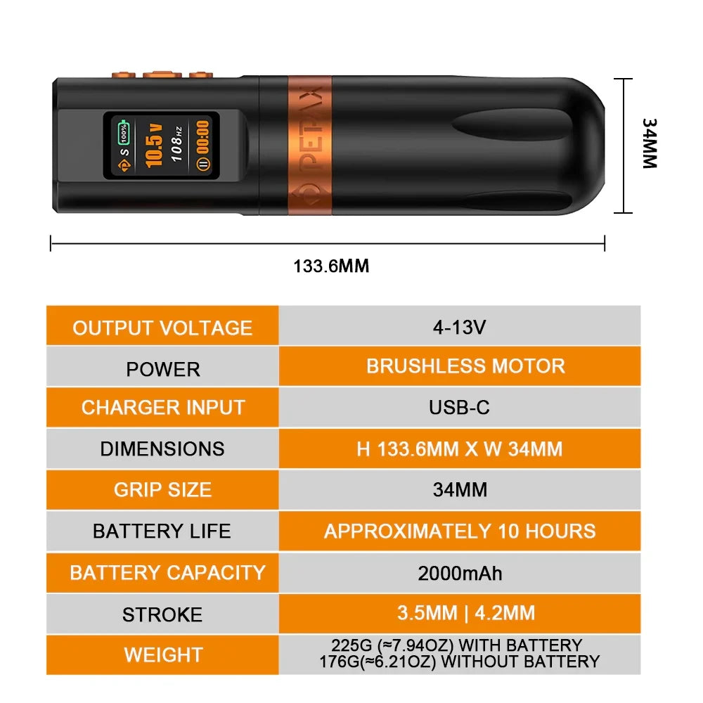 PEPAX Leve H2 Wirerless Tattoo Pen 3.5/4.2/5.0MM Stroke Pen with 2000mAh 2 Batteries Wireless Tattoo Machine Gun for Body Art