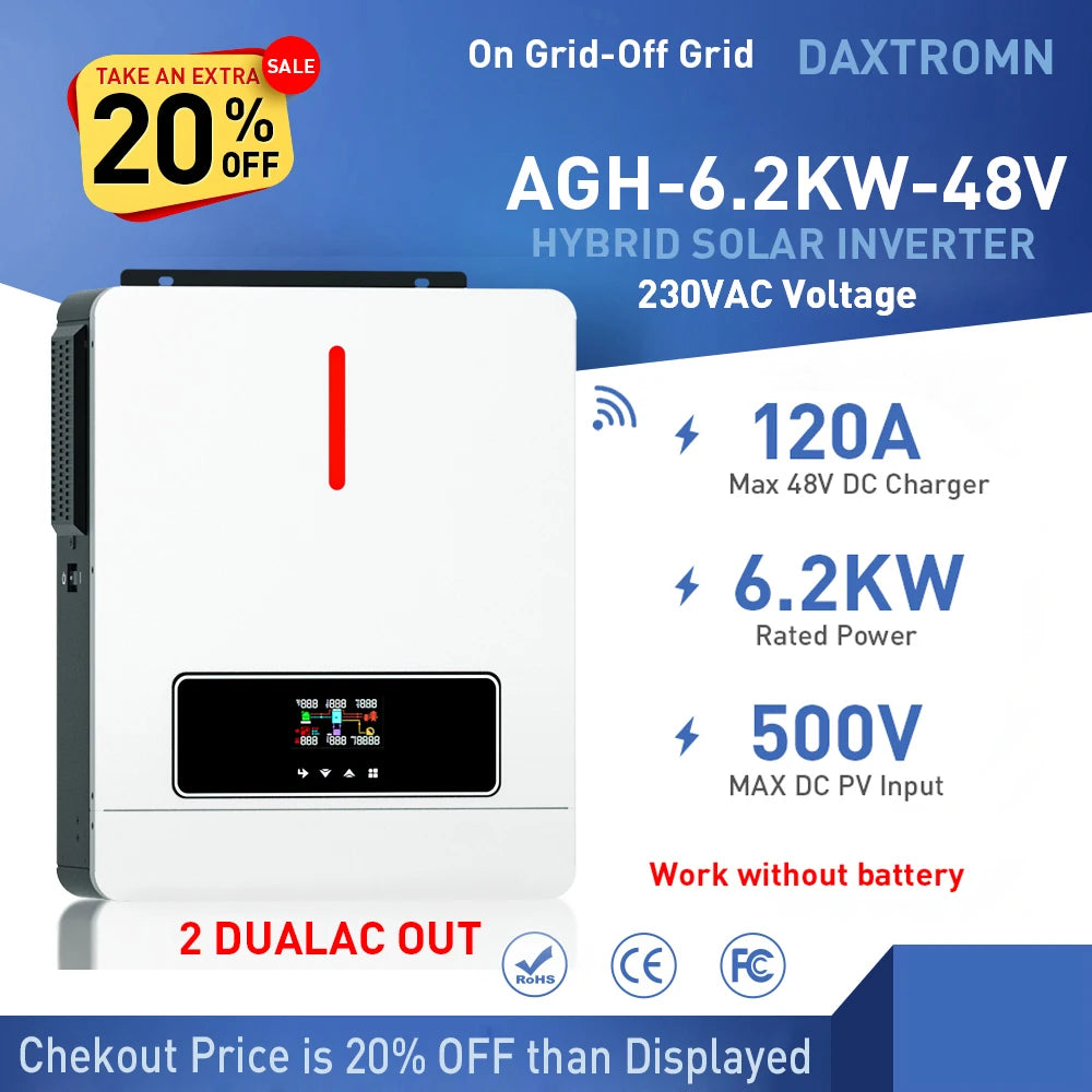 Daxtromn 3.6KW 6.2KW solar inverter 24VDC 48vDC hybrid mppt 6200W pure sine wave hybrid charge controller 120A off grid On Grid