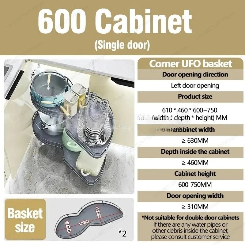 Cabinet Corner Basket Drawer Stainless Steel Double-Layer Whirl Pull-out Storage Organize Kitchen Rs Removable,Height Adjustable