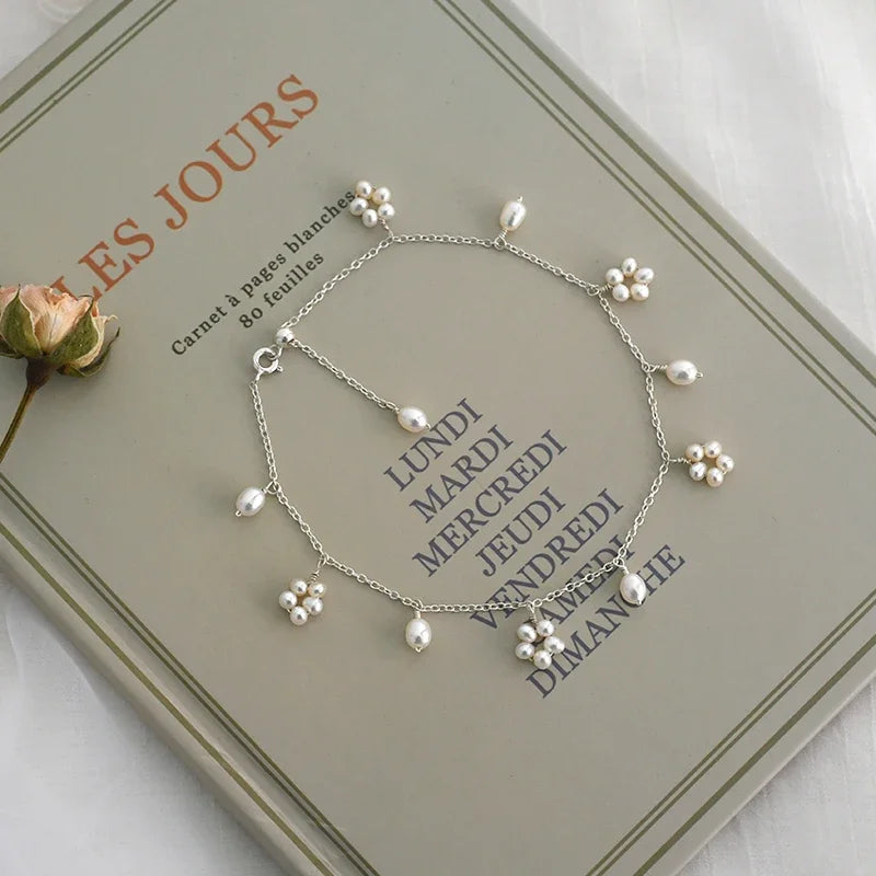 ASHIIQI Natural Freshwater Pearl Anklet Genuine 925 Sterling Silver Handmade Jewelry Wedding Jewelry Lady