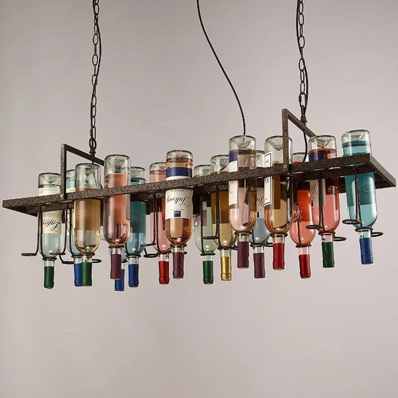American Retro Industrial Rust Metal Colored Wine Bottle Glass Chandelier Coffee Shop Bar Restaurant LED Decorative Pendant Lamp