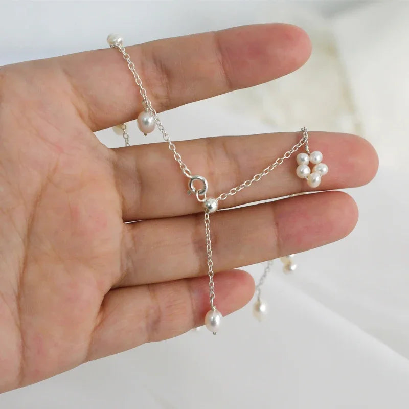 ASHIIQI Natural Freshwater Pearl Anklet Genuine 925 Sterling Silver Handmade Jewelry Wedding Jewelry Lady