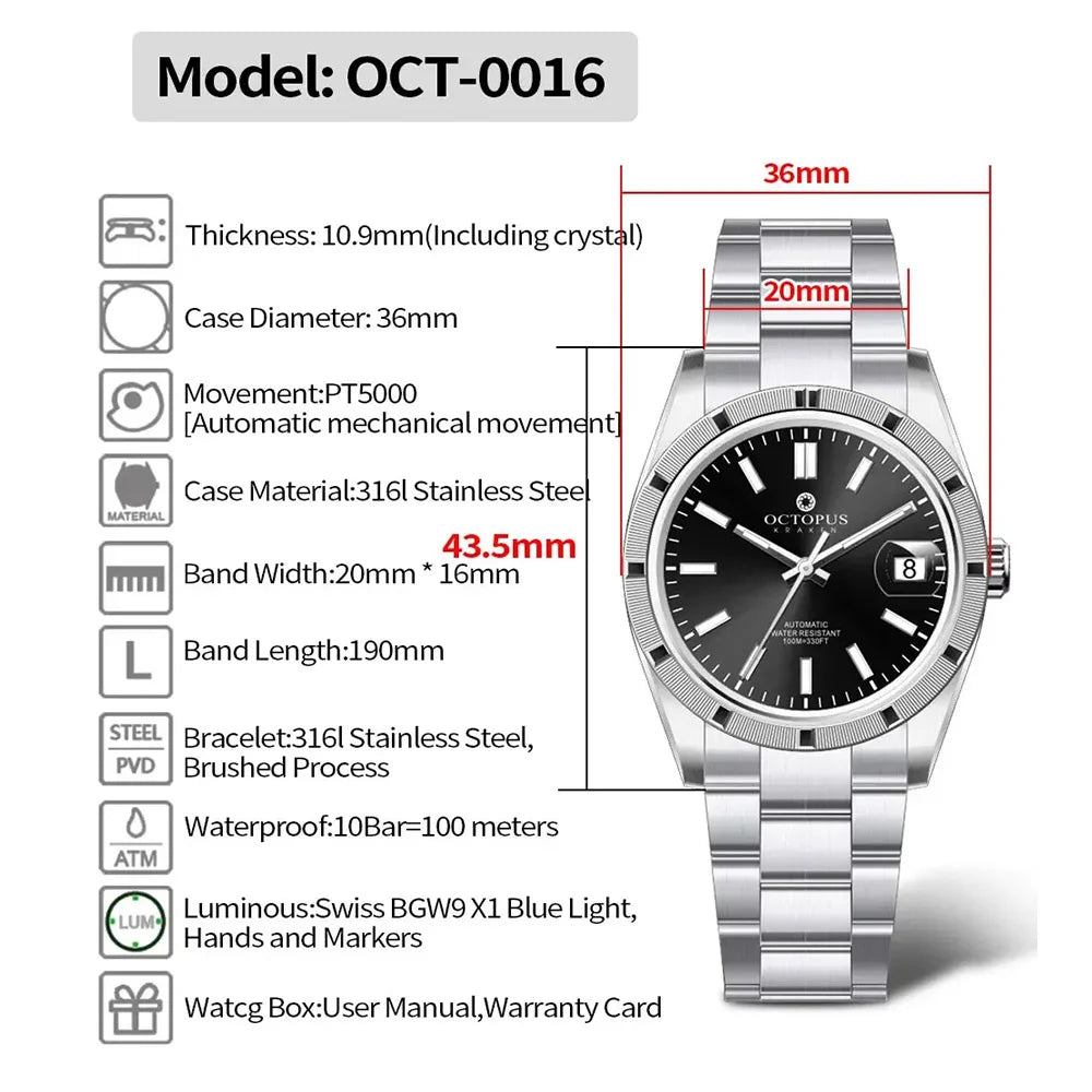 Octopus Kraken Automatic Mechanical Wristwatch 36mm Luxury PT5000 Movement Sapphire Crystal 10BAR Stainless steel Watch for men
