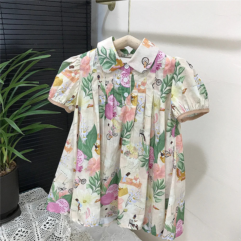 Korean Summer Toddler Girl Dress Cotton Turn Down Collar Ruched Baby Girl Dress Short Sleeve Fragmented Flower Infant Girl Dress