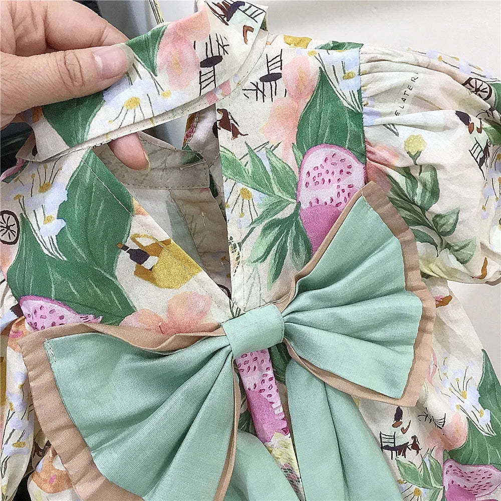 Korean Summer Toddler Girl Dress Cotton Turn Down Collar Ruched Baby Girl Dress Short Sleeve Fragmented Flower Infant Girl Dress