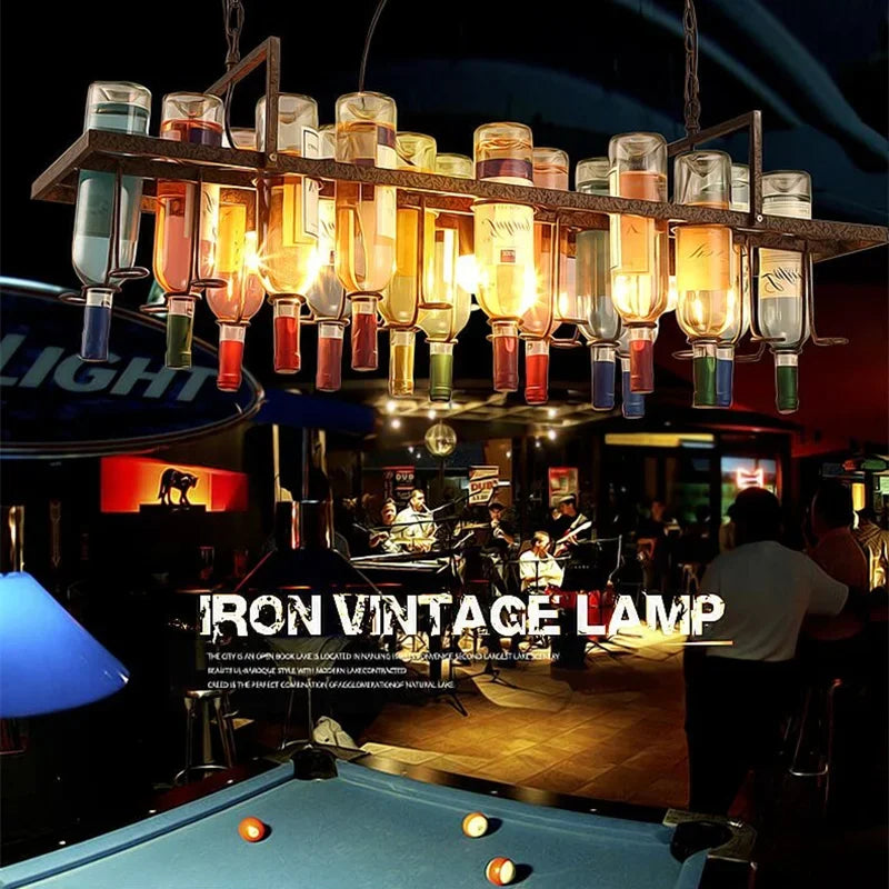 American Retro Industrial Rust Metal Colored Wine Bottle Glass Chandelier Coffee Shop Bar Restaurant LED Decorative Pendant Lamp