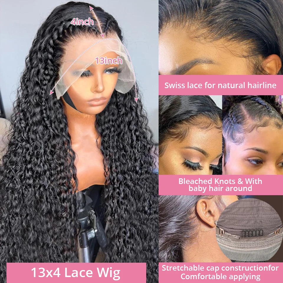 Deep Wave Curly Wigs 13x6 HD Lace Wig Human Hair 250 Density 13x4 HD Transparent Lace Frontal Glueless Wigs For Women 40 46 Inch