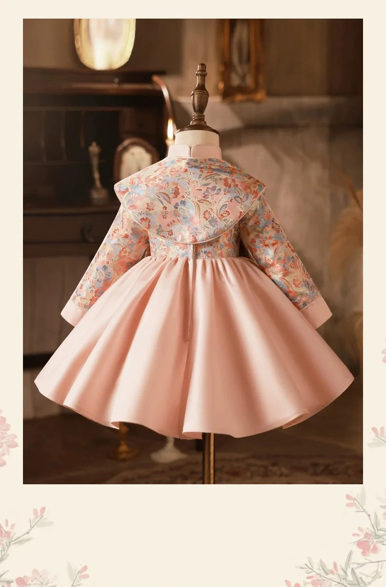 2024spring and autumn girls's new chinese style zhuzhou pink embroidery dress