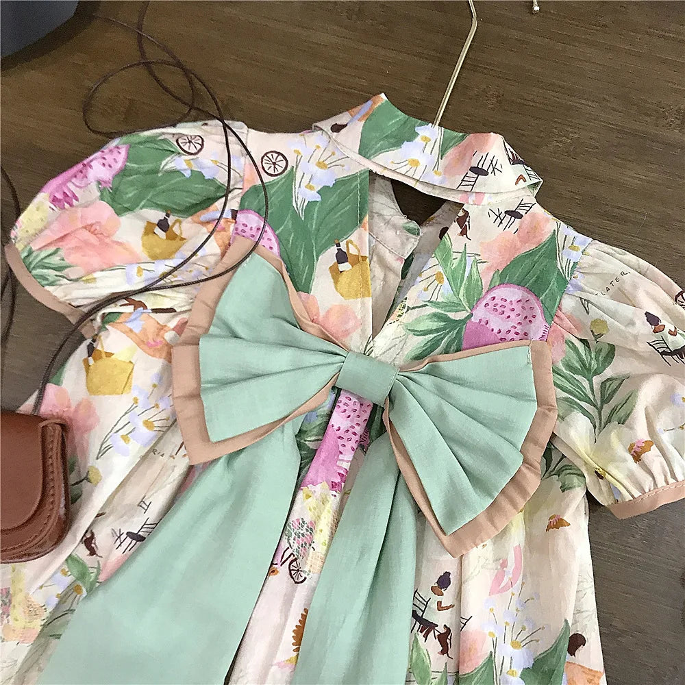Korean Summer Toddler Girl Dress Cotton Turn Down Collar Ruched Baby Girl Dress Short Sleeve Fragmented Flower Infant Girl Dress