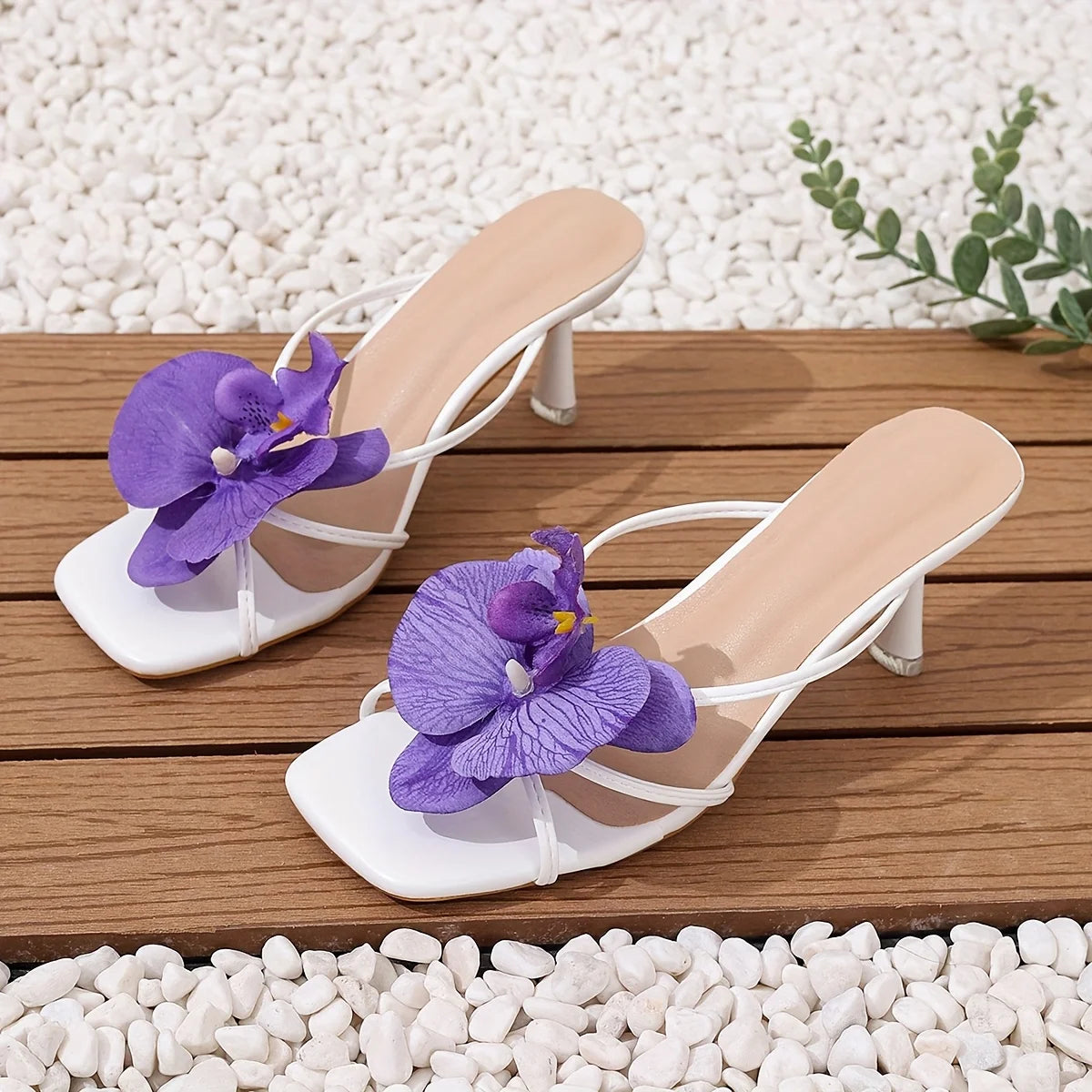 Elegant Purple White Square Toe Flower Designer Slippers Sandals Women Party Dress Shoes Thin High Heels Gladiator Sandalias