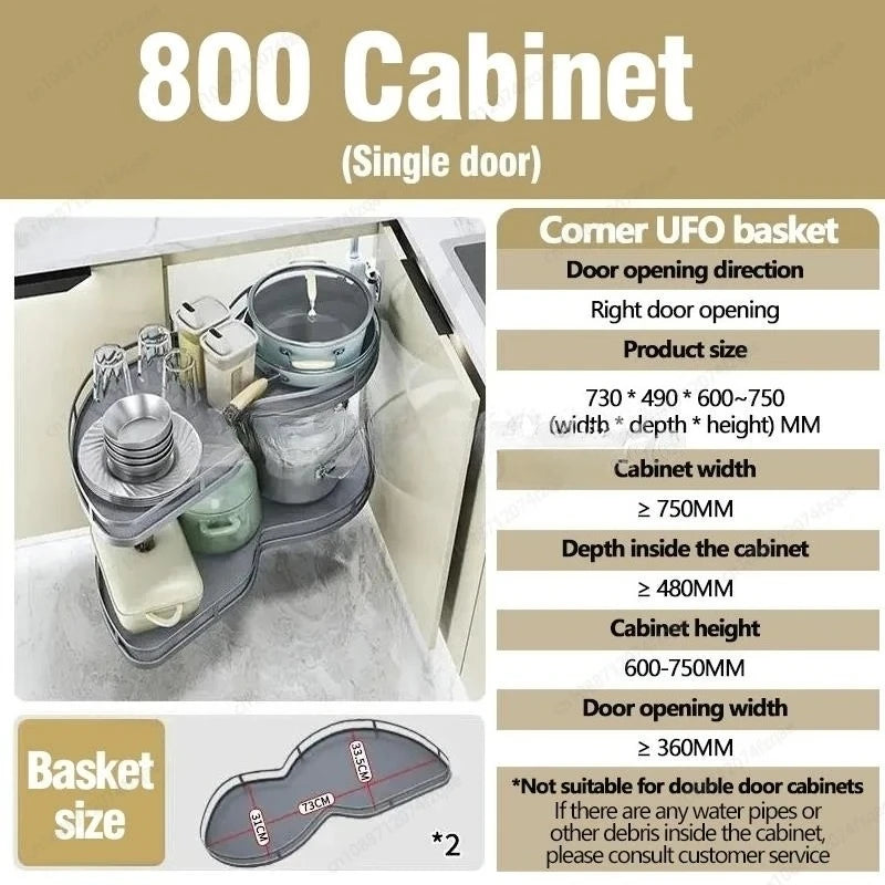 Cabinet Corner Basket Drawer Stainless Steel Double-Layer Whirl Pull-out Storage Organize Kitchen Rs Removable,Height Adjustable