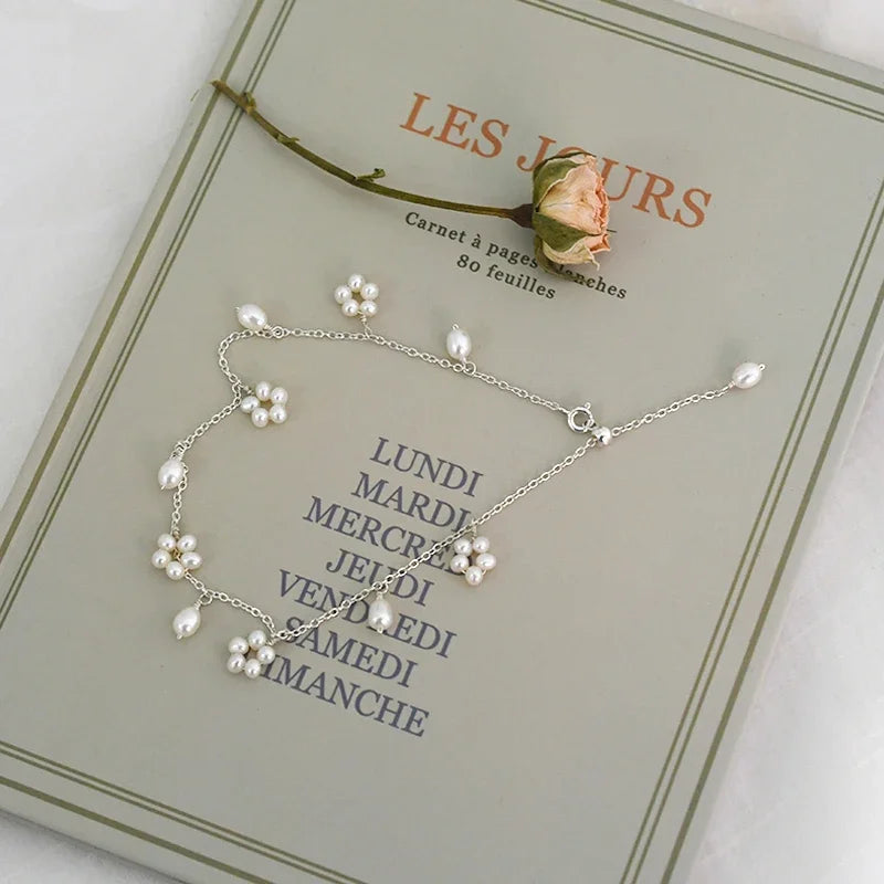 ASHIIQI Natural Freshwater Pearl Anklet Genuine 925 Sterling Silver Handmade Jewelry Wedding Jewelry Lady