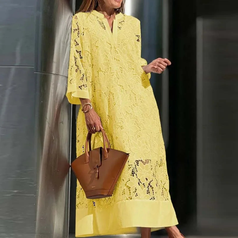 Spring Sexy V Nec Lace Embroidered Hollow Dress 2 Piece set Vintage Solid Color Casual Loose Holiday Pullover Women Long Dresses