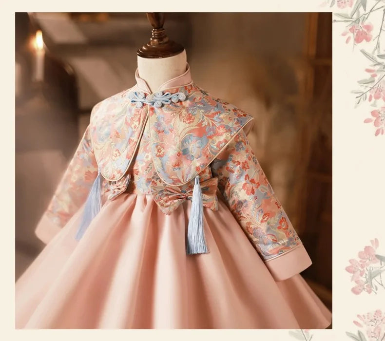2024spring and autumn girls's new chinese style zhuzhou pink embroidery dress