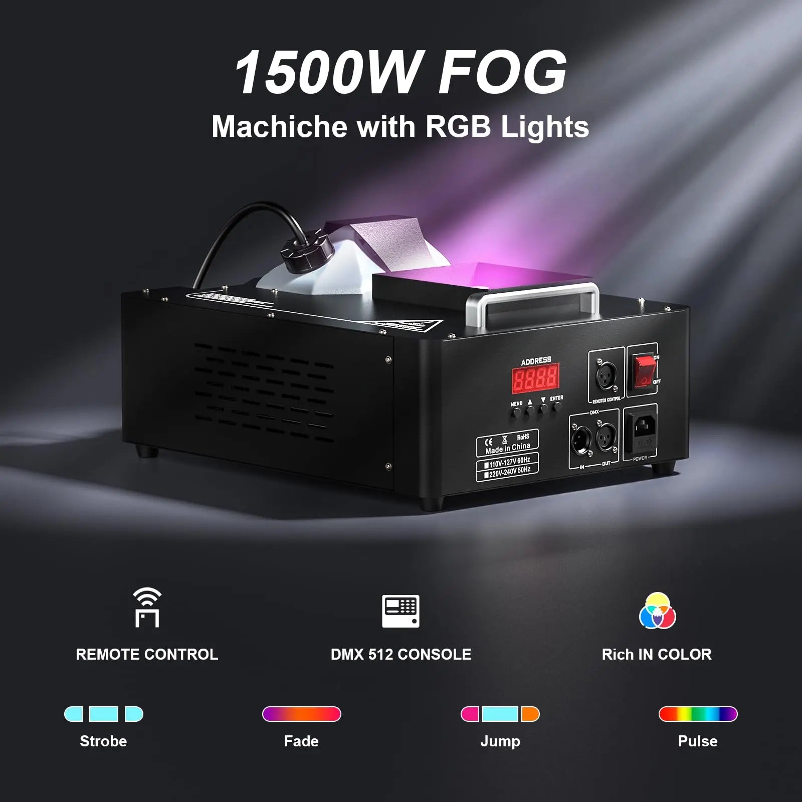 1500W Fog Machine with 24 RGB LED Effect Lights,Vertical Smoke Machine Wireless Remote & DMX Control for Wedding Christmas Party