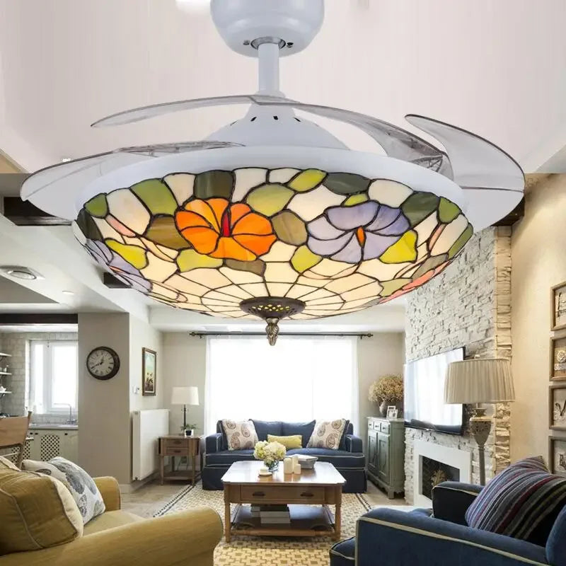 Tiff Invisible Ceiling Fan Lamp Living Room Dining Room Bedroom Lighting Mediterranean Fan Lamp Retro Ceiling Fan With Remote
