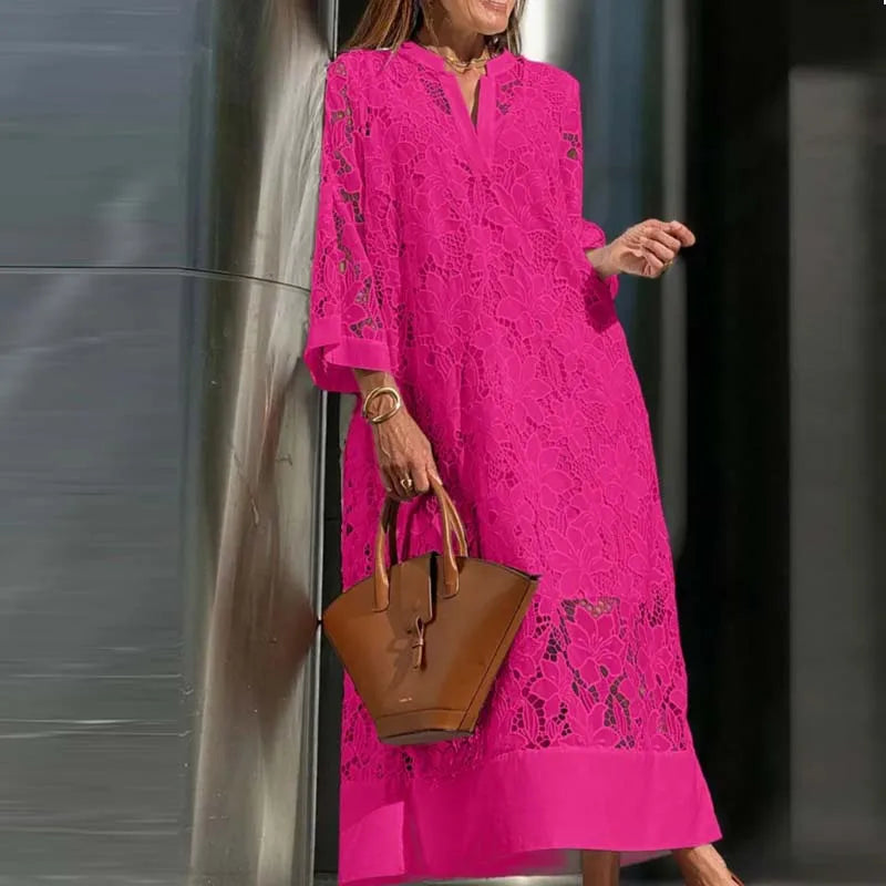 Spring Sexy V Nec Lace Embroidered Hollow Dress 2 Piece set Vintage Solid Color Casual Loose Holiday Pullover Women Long Dresses