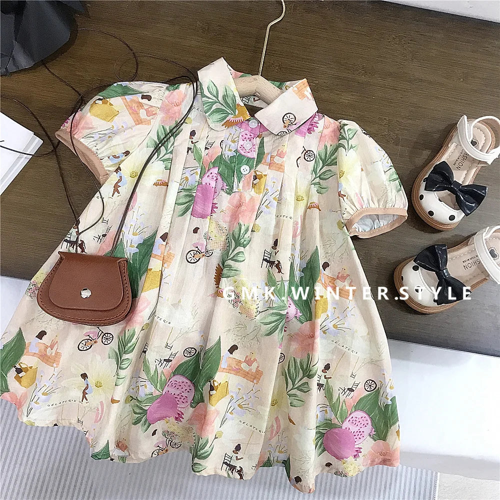 Korean Summer Toddler Girl Dress Cotton Turn Down Collar Ruched Baby Girl Dress Short Sleeve Fragmented Flower Infant Girl Dress
