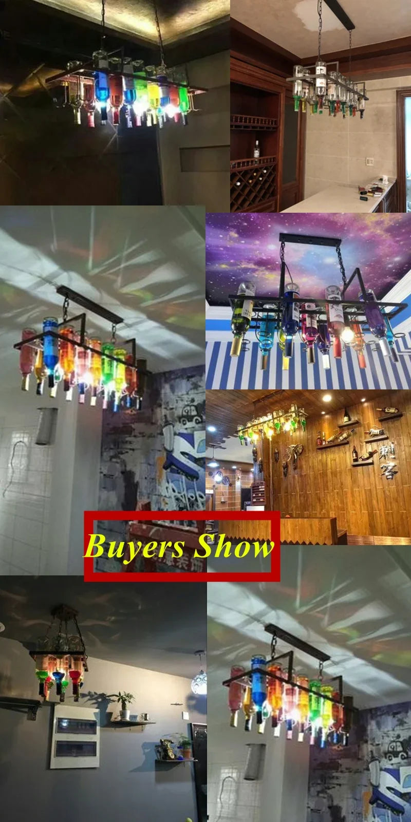 American Retro Industrial Rust Metal Colored Wine Bottle Glass Chandelier Coffee Shop Bar Restaurant LED Decorative Pendant Lamp